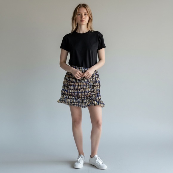 Lost + Wander Dresses & Skirts - Lost + Wander Ruffled Mini Skirt Blue Gold Print NWT Size XS